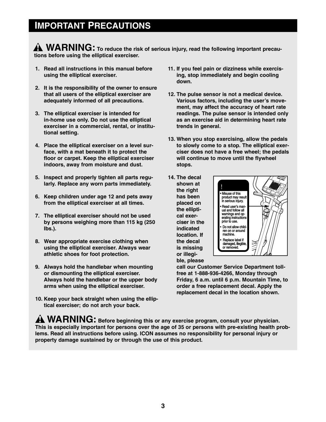 Reebok Fitness RBCCEL79020 manual Important Precautions 