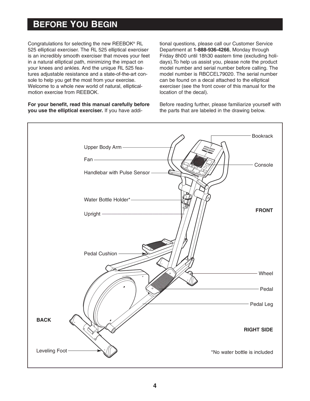 Reebok Fitness RBCCEL79020 manual Before YOU Begin, Front, Back Right Side 