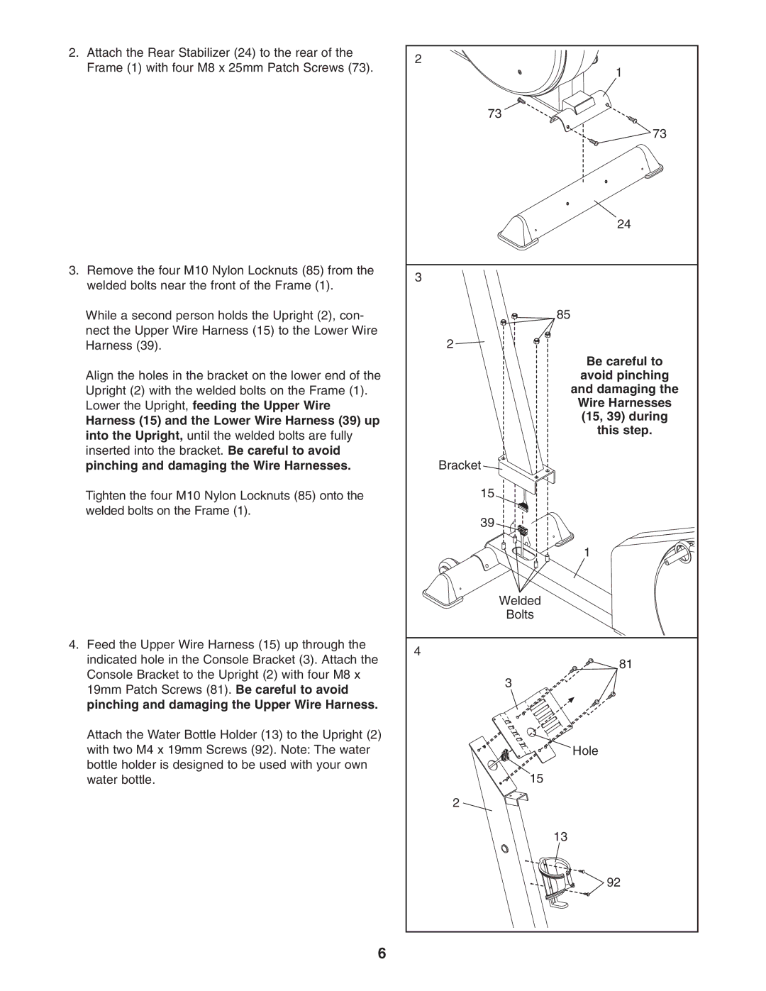 Reebok Fitness RBCCEL79020 manual Be careful to, Avoid pinching, Wire Harnesses, 15, 39 during, This step 