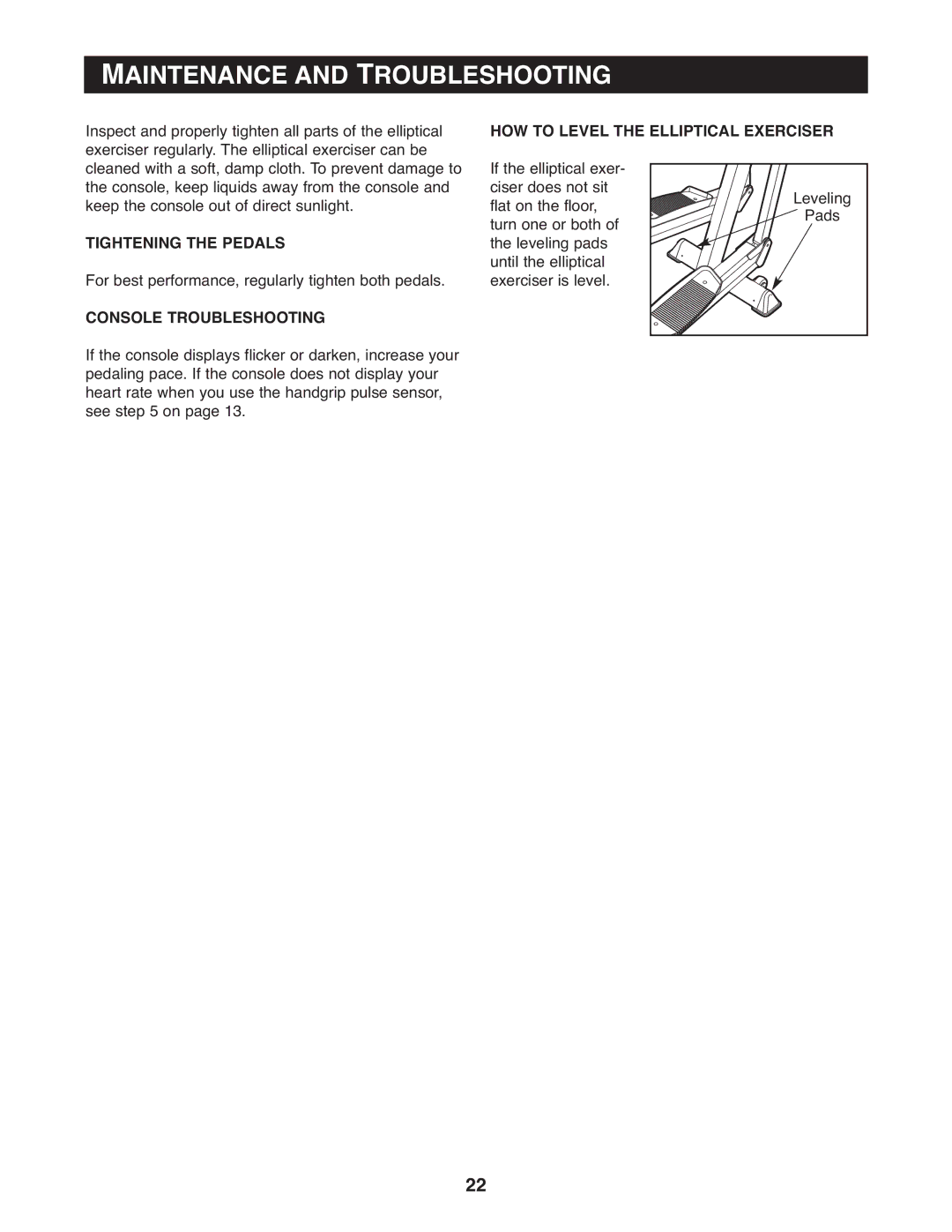 Reebok Fitness RBCCEL79021 Maintenance and Troubleshooting, HOW to Level the Elliptical Exerciser, Tightening the Pedals 