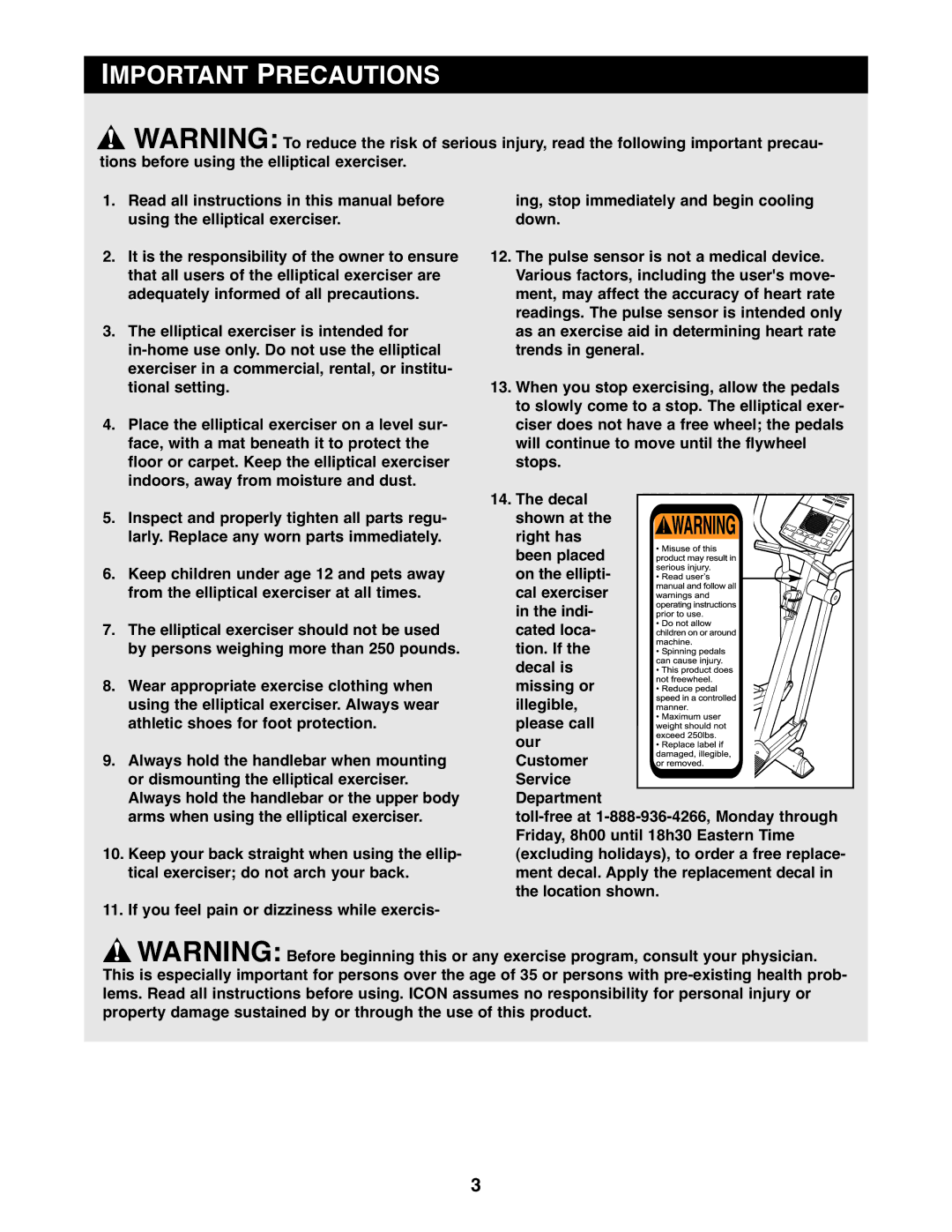 Reebok Fitness RBCCEL79021 manual Important Precautions 