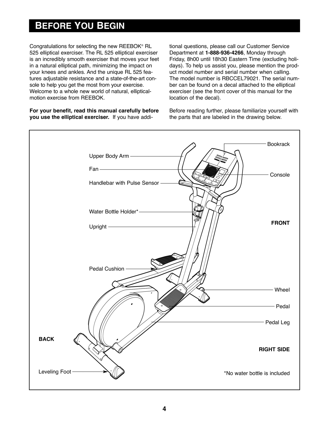 Reebok Fitness RBCCEL79021 manual Before YOU Begin, Front, Back Right Side 