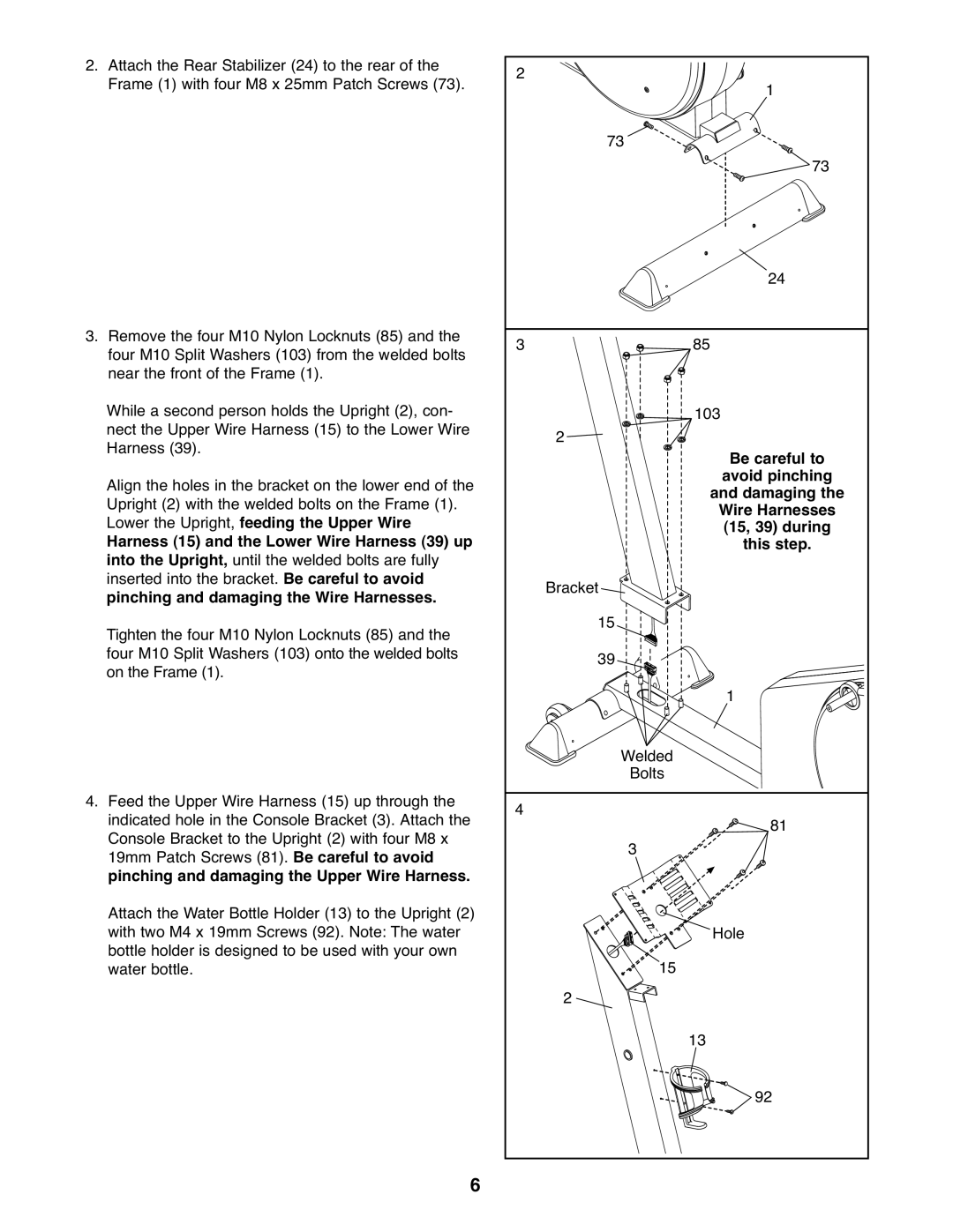 Reebok Fitness RBCCEL79021 manual Be careful to, Avoid pinching, Wire Harnesses, 15, 39 during, This step 