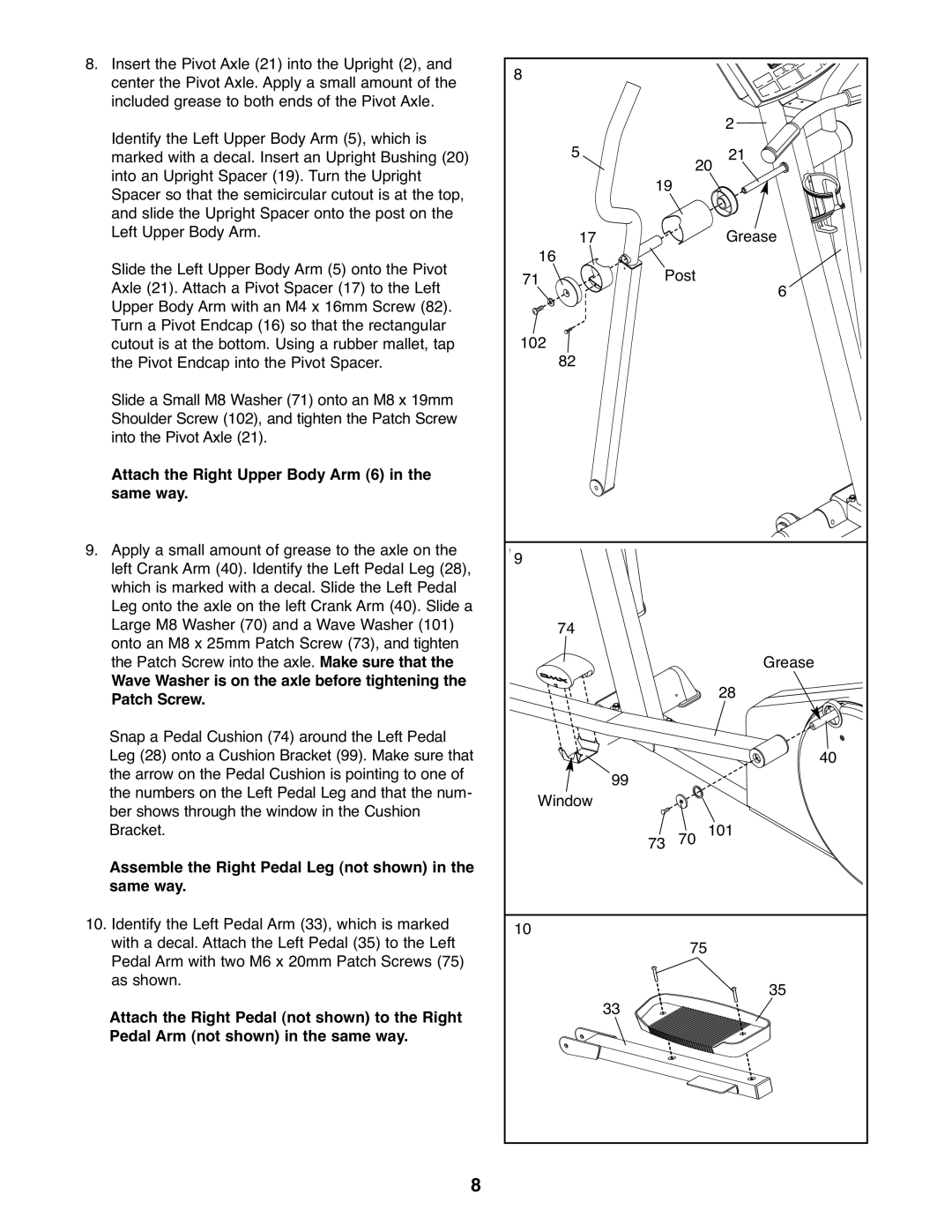 Reebok Fitness RBCCEL79021 manual Attach the Right Upper Body Arm 6 in the same way 