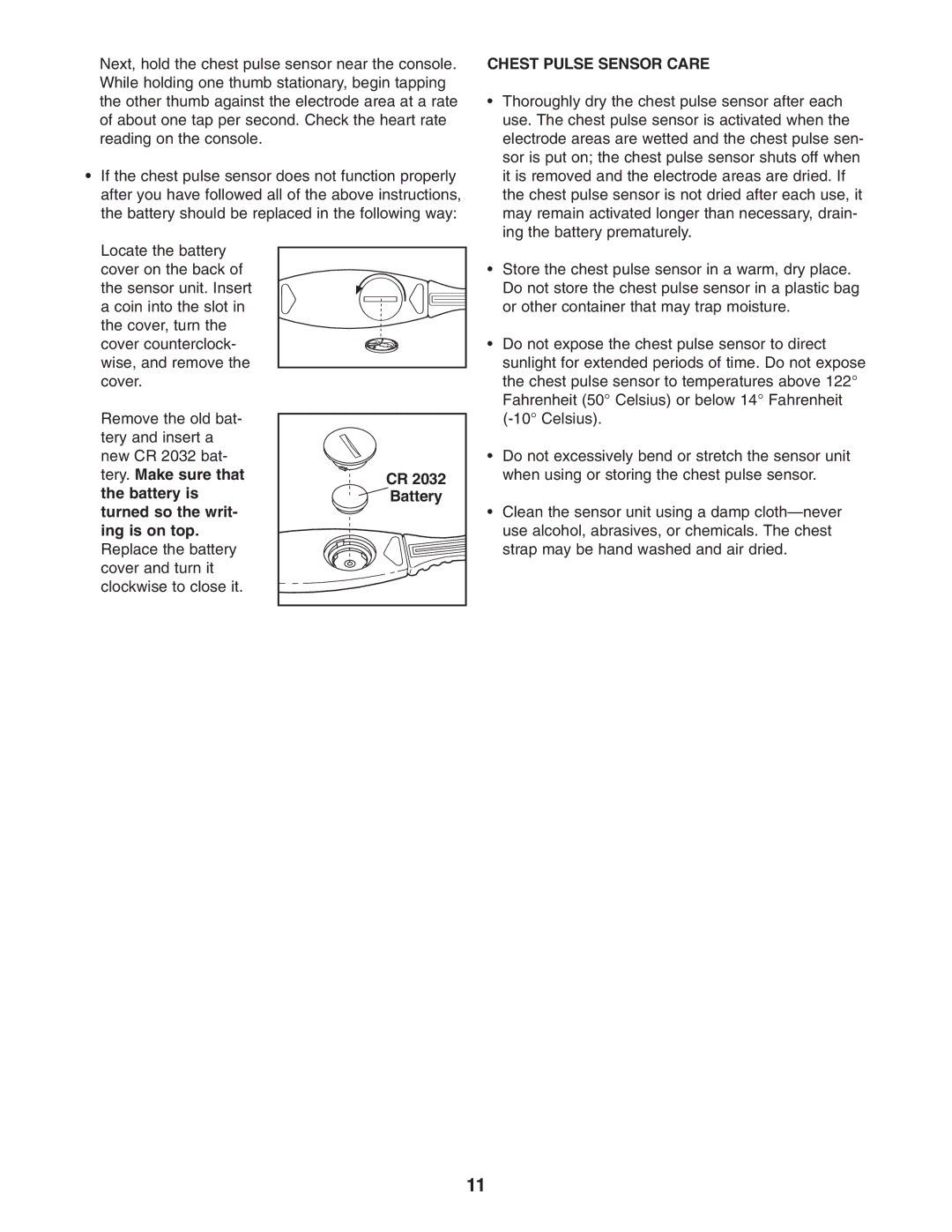 Reebok Fitness RBCCEL79022 manual Chest Pulse Sensor Care, CR 2032 Battery 