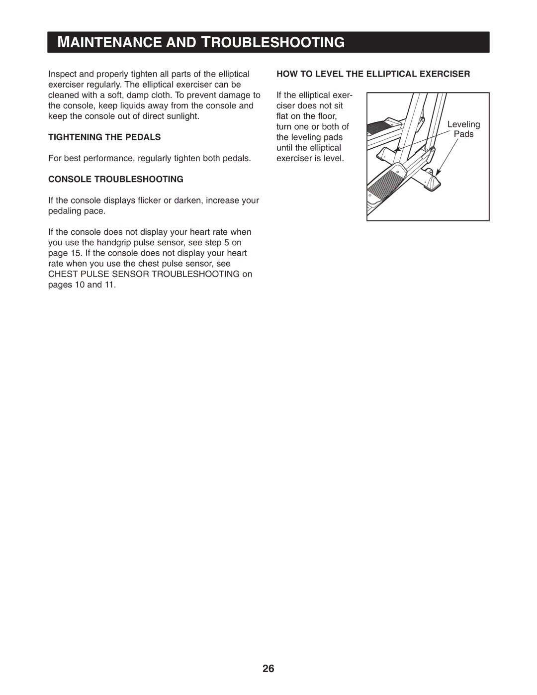 Reebok Fitness RBCCEL79022 Maintenance and Troubleshooting, HOW to Level the Elliptical Exerciser, Tightening the Pedals 