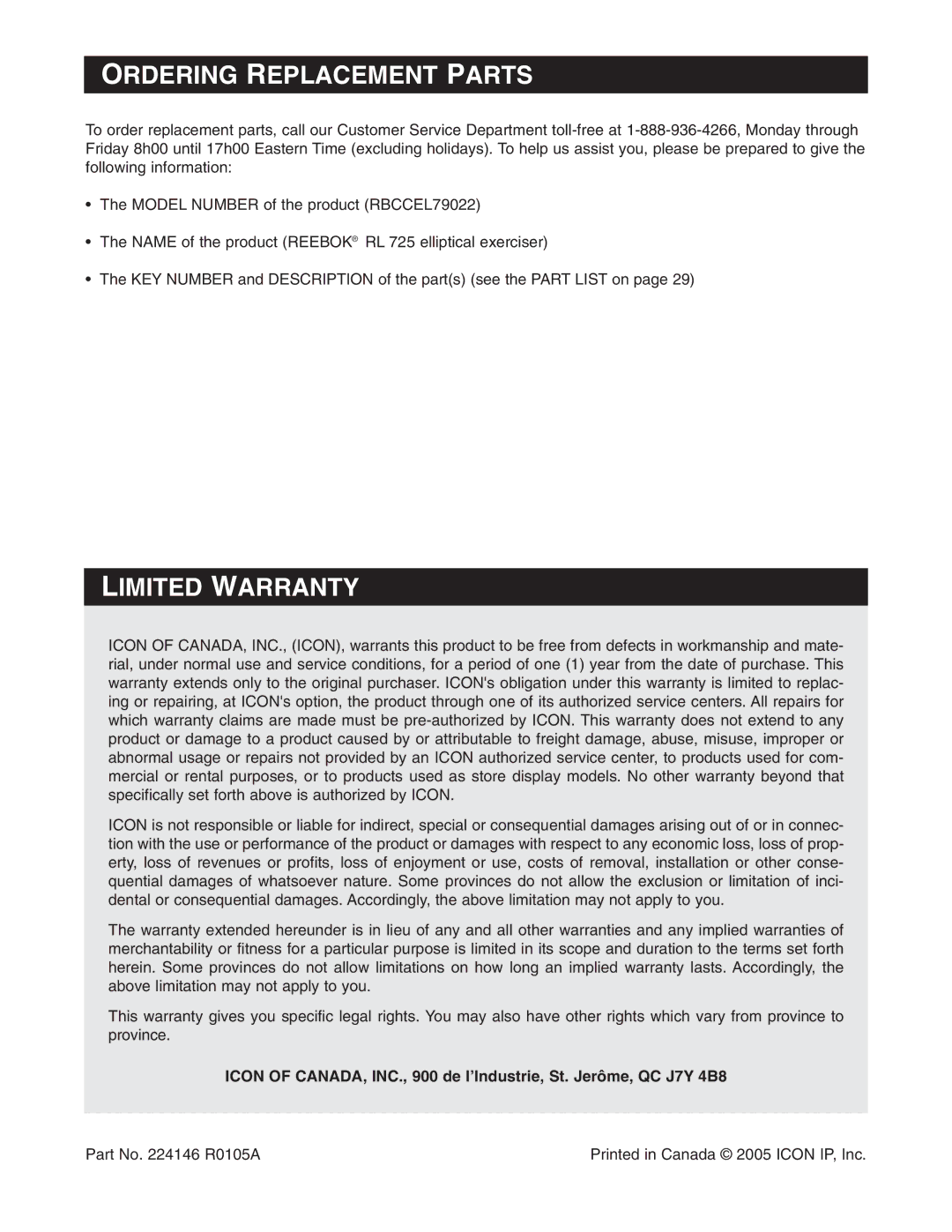 Reebok Fitness RBCCEL79022 manual Ordering Replacement Parts, Limited Warranty 