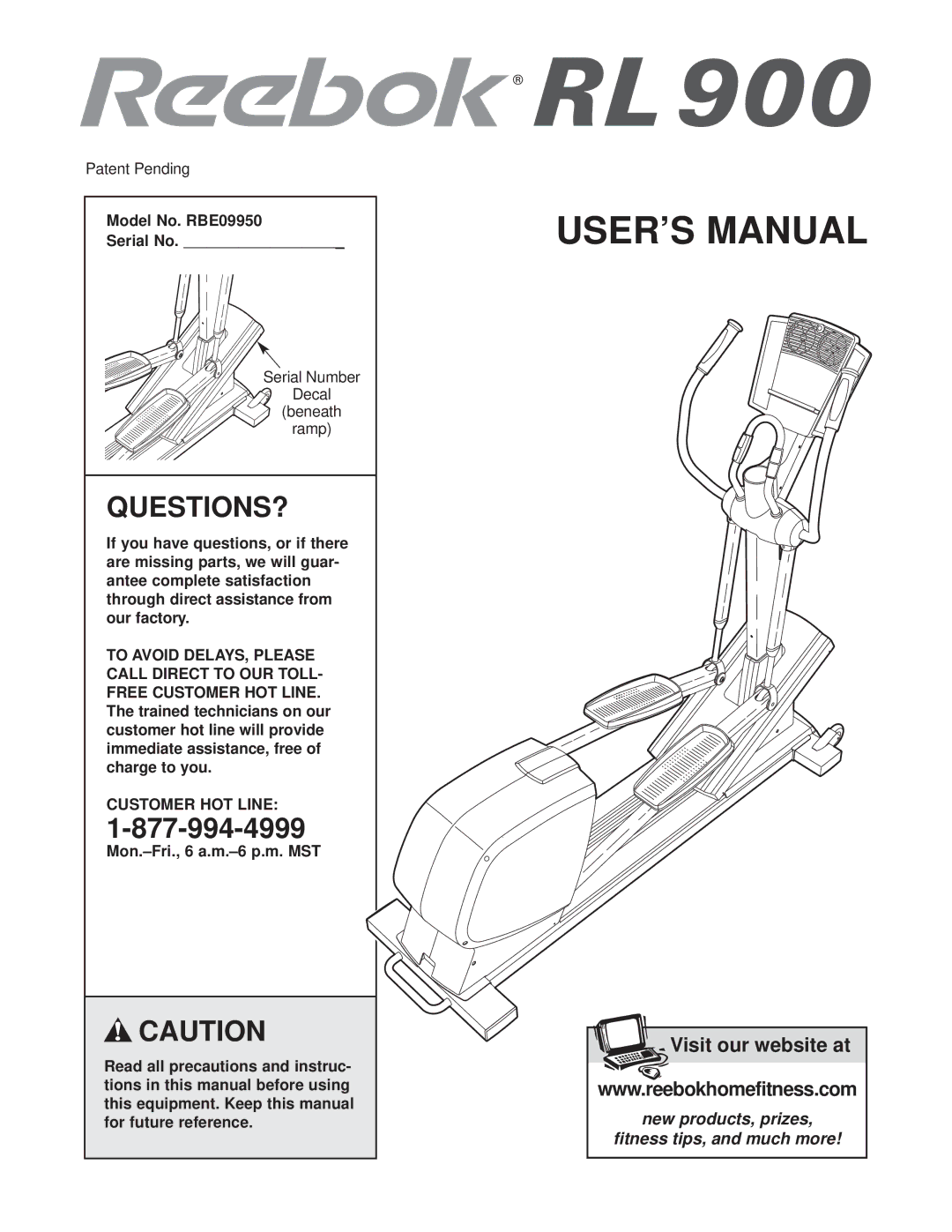 Reebok Fitness manual Model No. RBE09950 Serial No, Customer HOT Line 