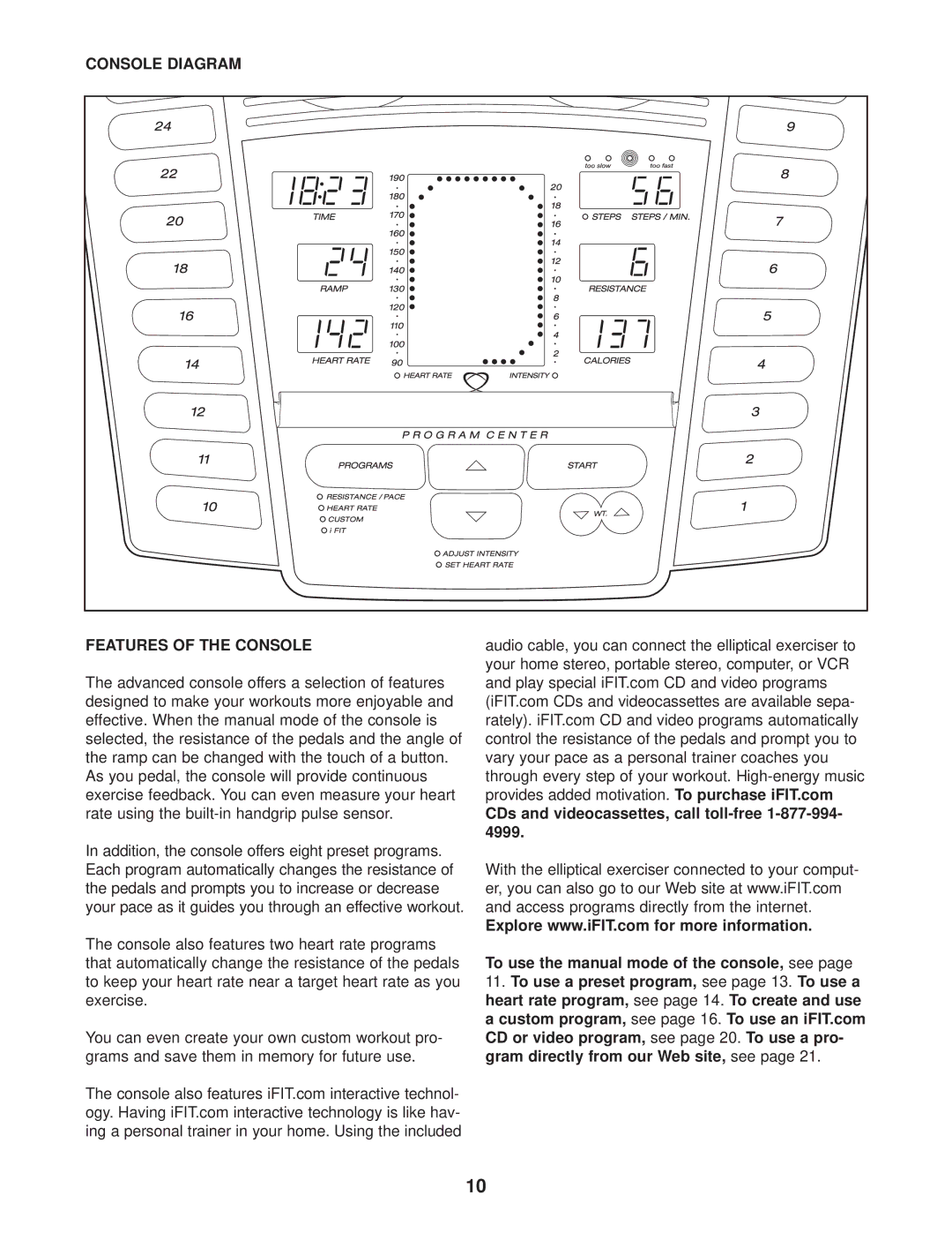 Reebok Fitness RBE09950 manual Console Diagram Features of the Console 