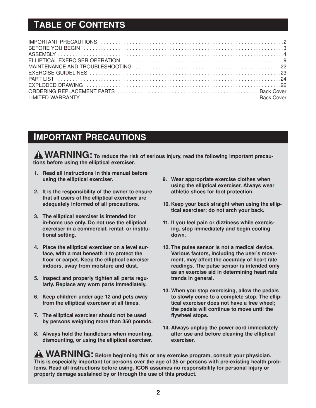 Reebok Fitness RBE09950 manual Table of Contents, Important Precautions 