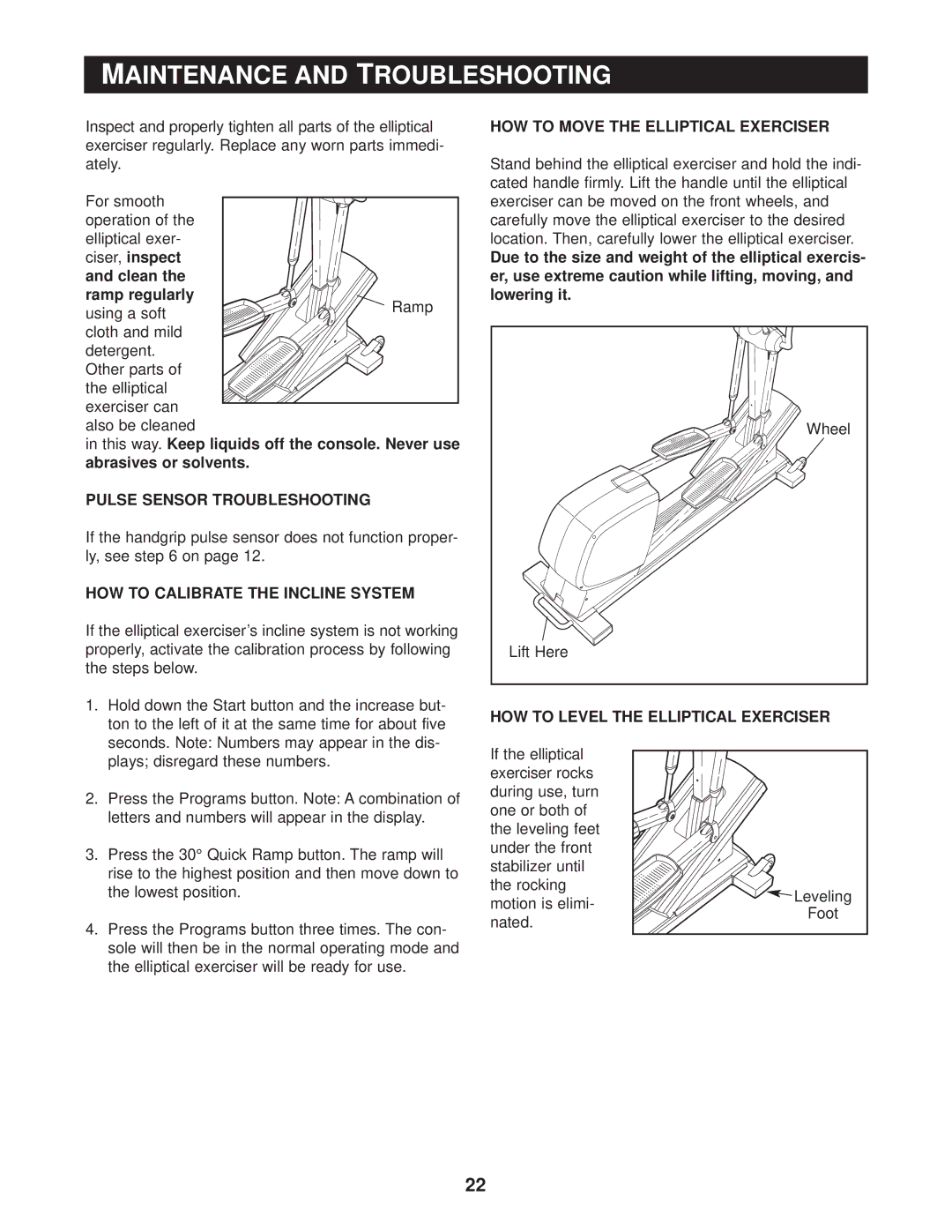 Reebok Fitness RBE09950 Maintenance and Troubleshooting, Pulse Sensor Troubleshooting, HOW to Calibrate the Incline System 