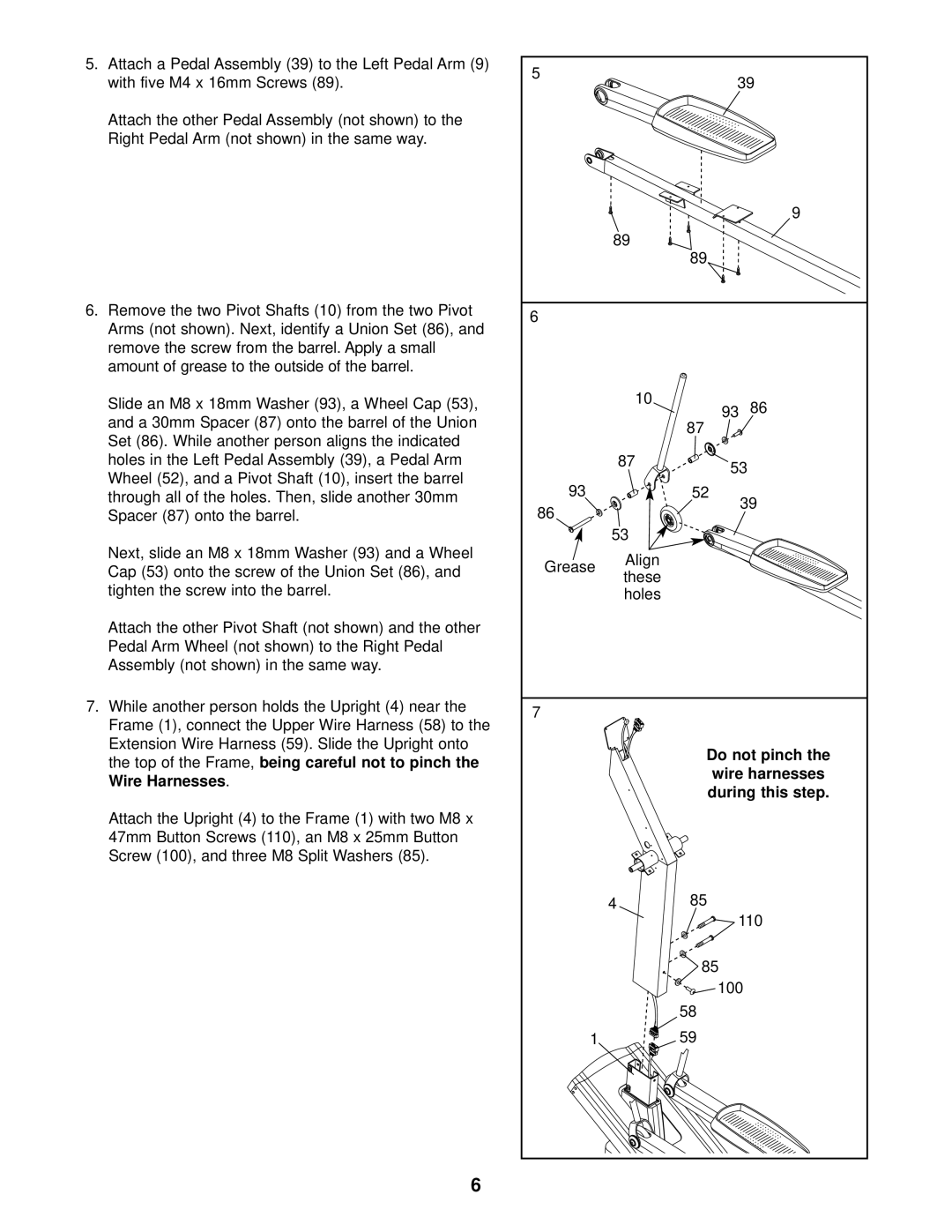 Reebok Fitness RBE09950 manual Top of the Frame, being careful not to pinch, Wire Harnesses 