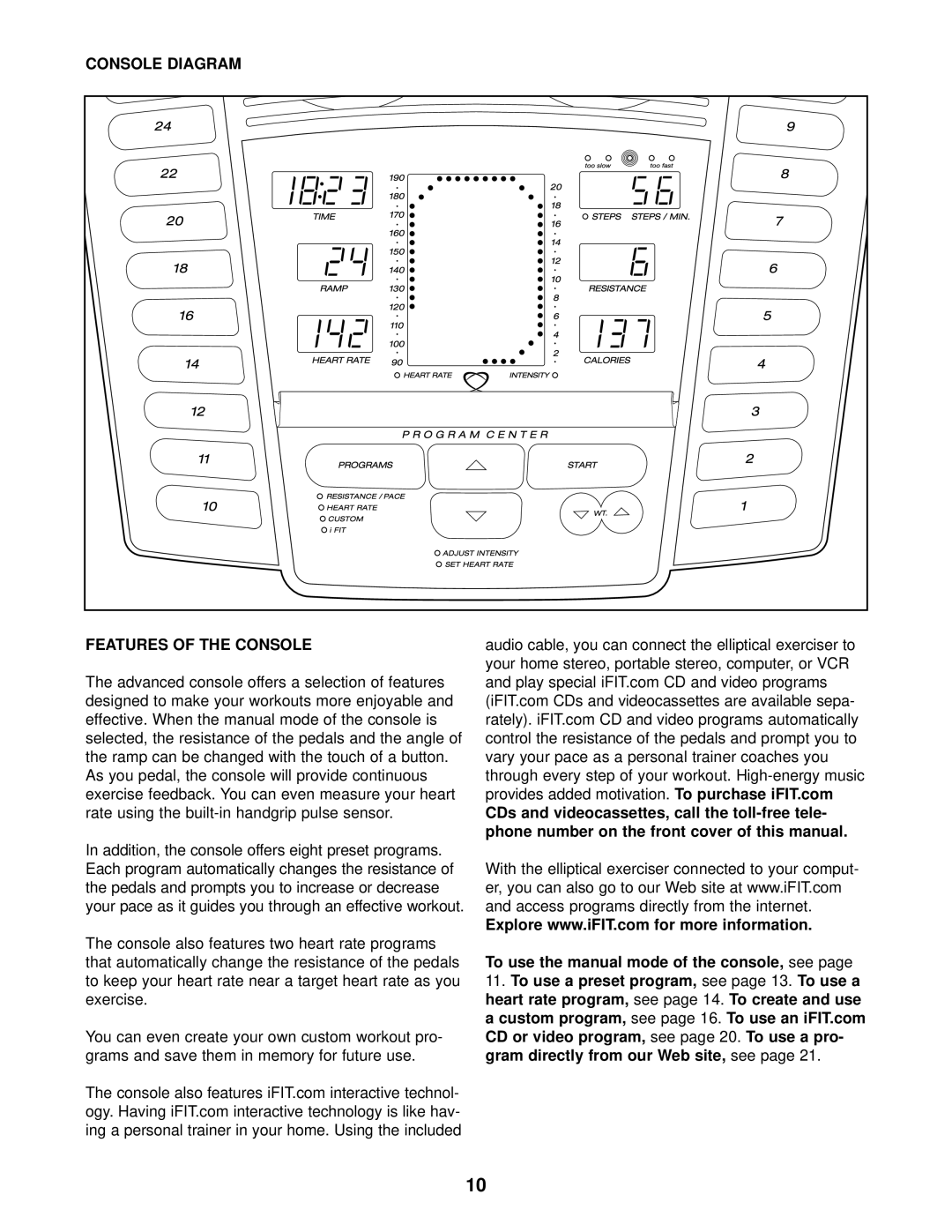 Reebok Fitness RBE0995.1 manual Console Diagram Features of the Console 