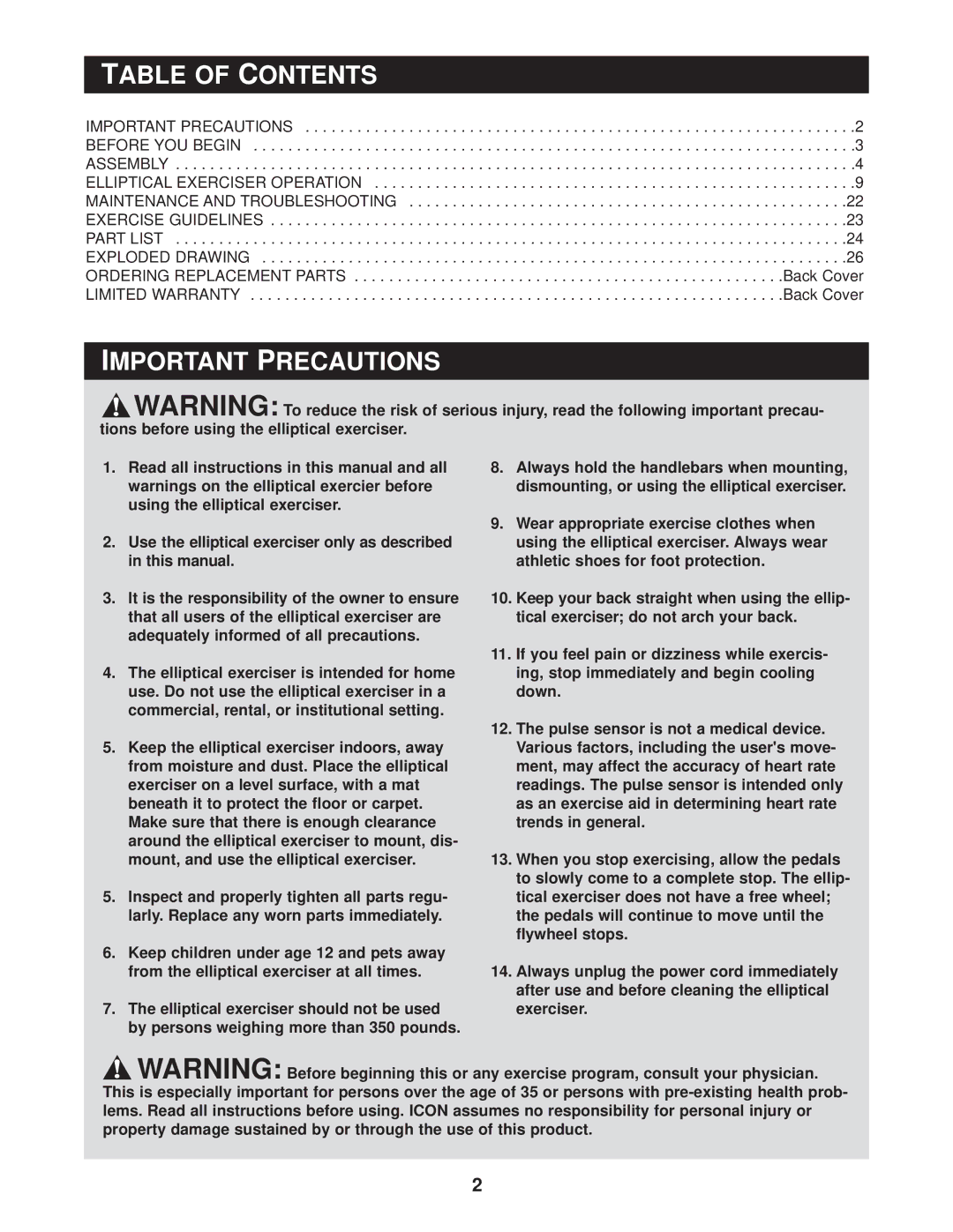 Reebok Fitness RBE0995.1 manual Table of Contents, Important Precautions 