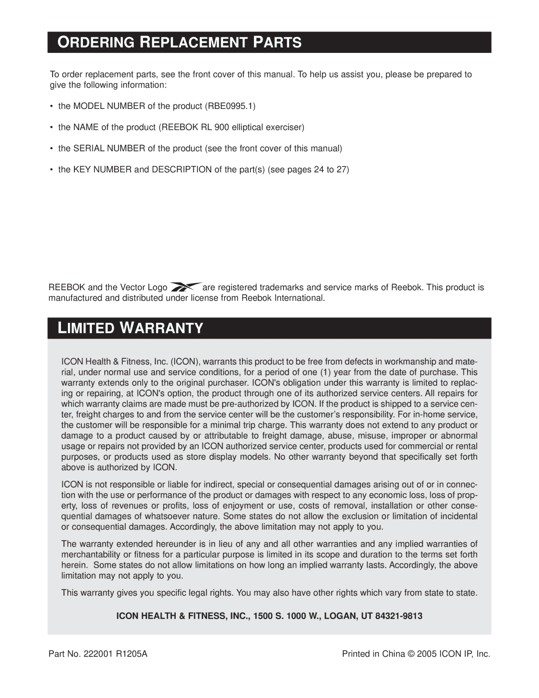 Reebok Fitness RBE0995.1 Ordering Replacement Parts, Limited Warranty, Icon Health & FITNESS, INC., 1500 S W., LOGAN, UT 