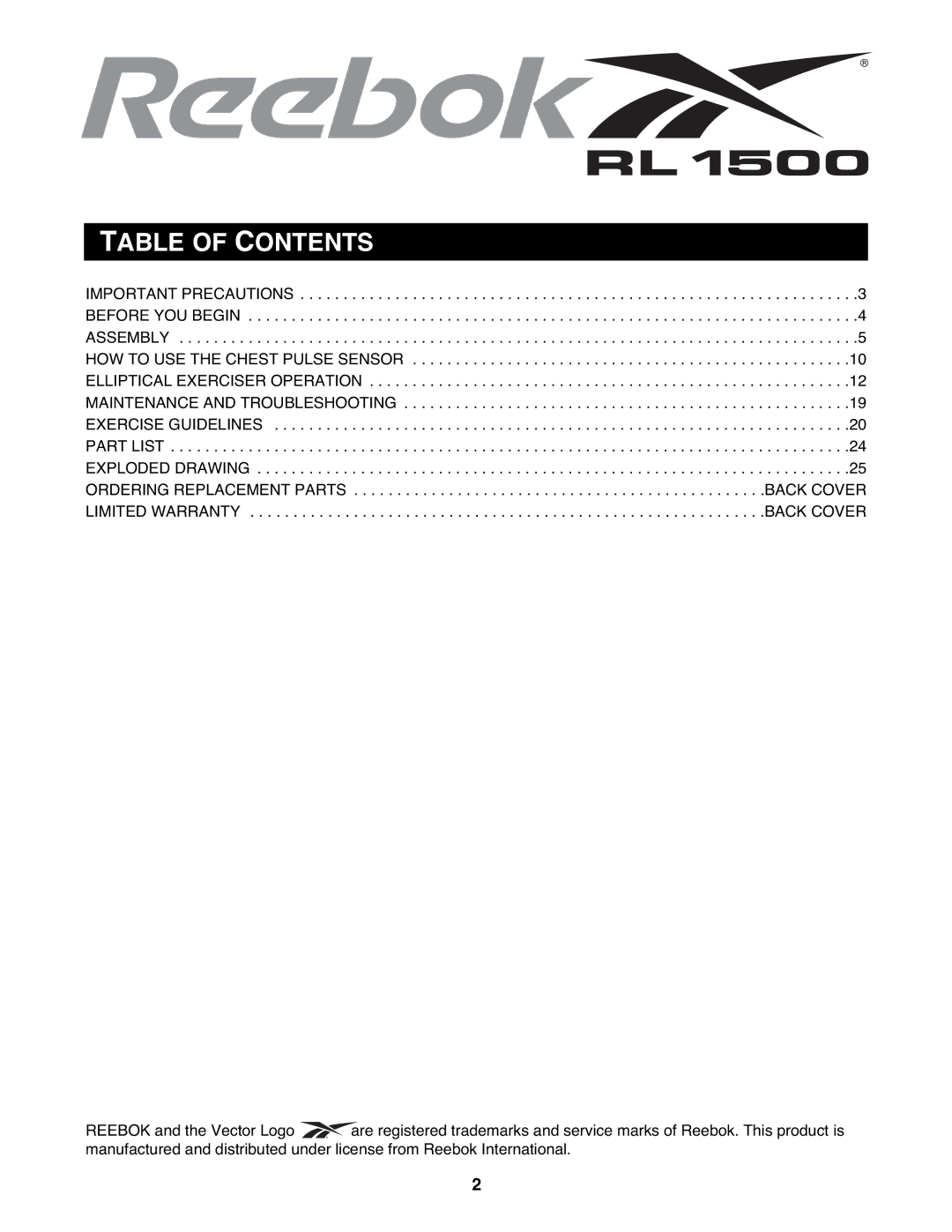 Reebok Fitness RBEL4255.0 manual Table of Contents 