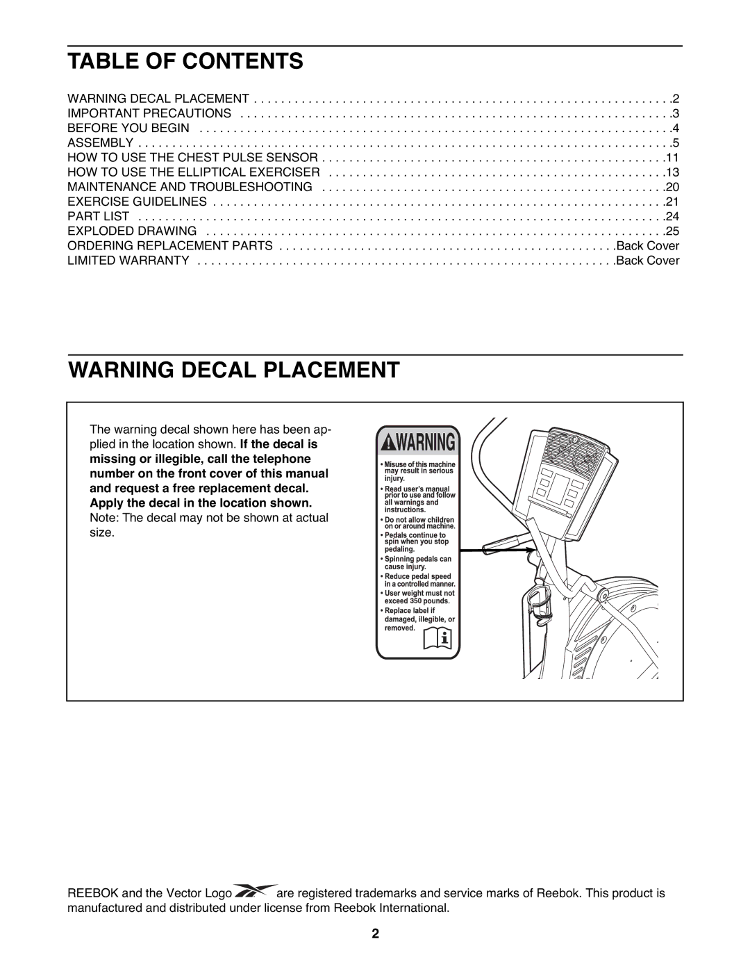 Reebok Fitness RBEL4255.1 manual Table of Contents 