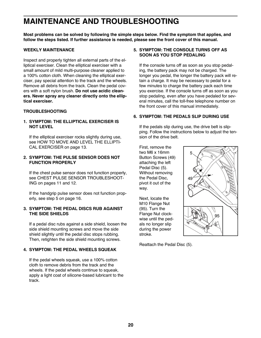 Reebok Fitness RBEL4255.1 manual Maintenance and Troubleshooting 