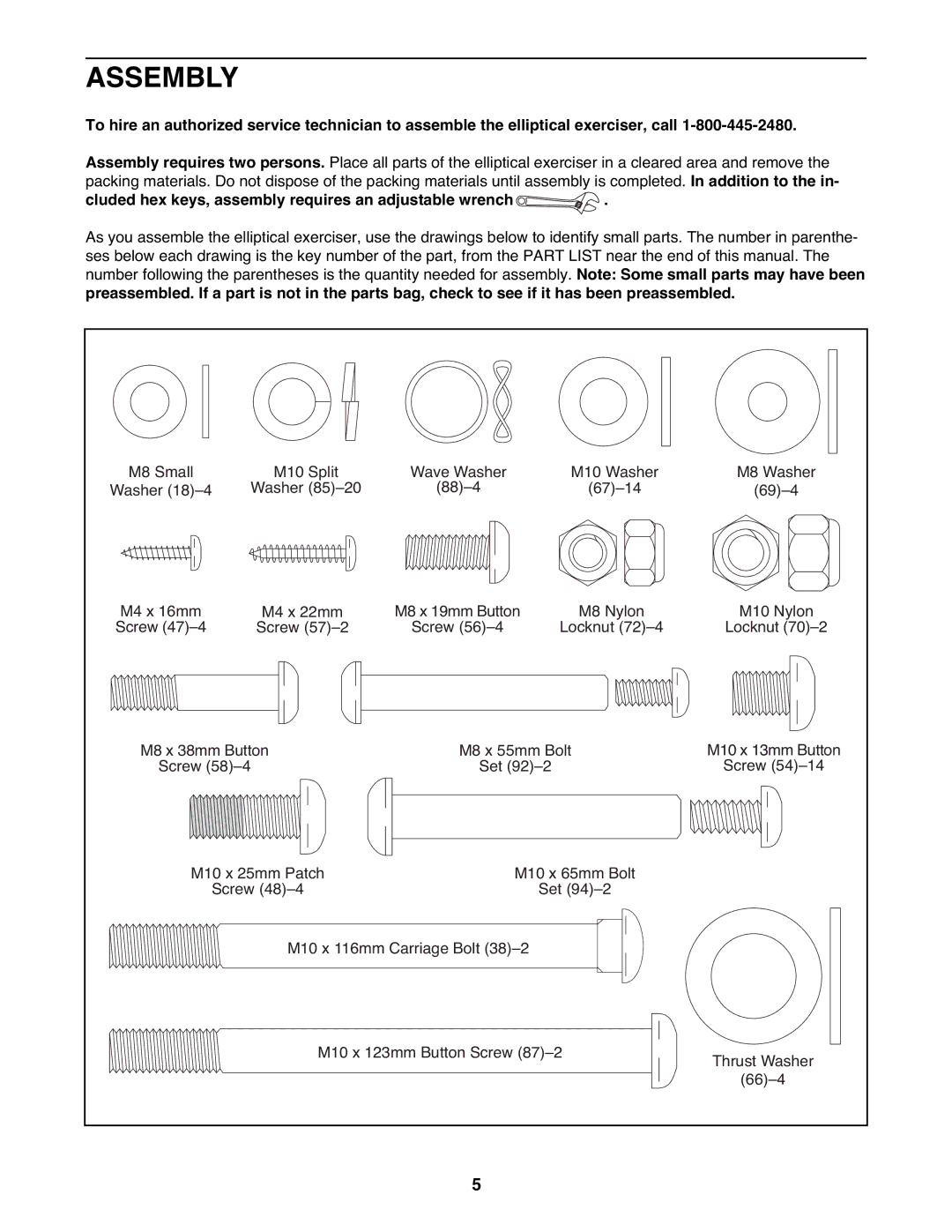 Reebok Fitness RBEL4255.1 manual Assembly, Cluded hex keys, assembly requires an adjustable wrench 