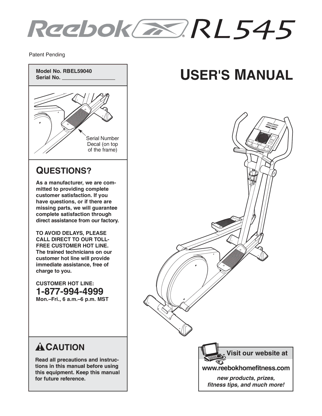 Reebok Fitness manual Model No. RBEL59040 Serial No, Customer HOT Line 