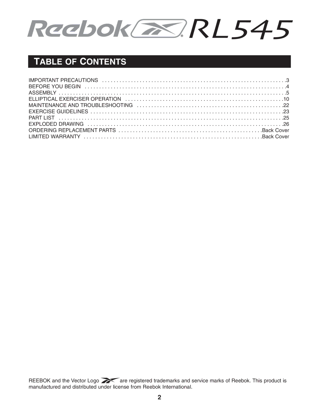 Reebok Fitness RBEL59040 manual Table of Contents 