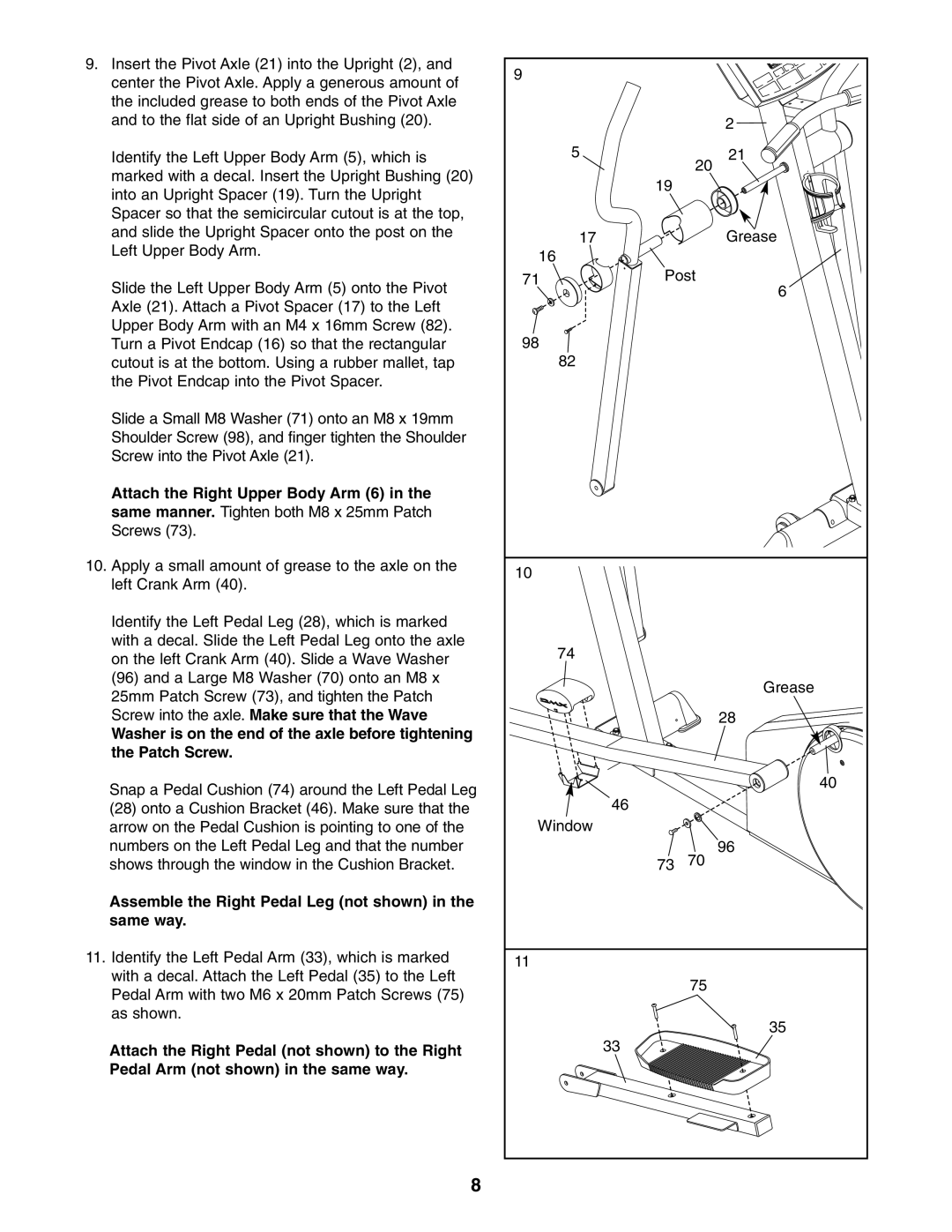 Reebok Fitness RBEL59040 manual Assemble the Right Pedal Leg not shown in the same way 