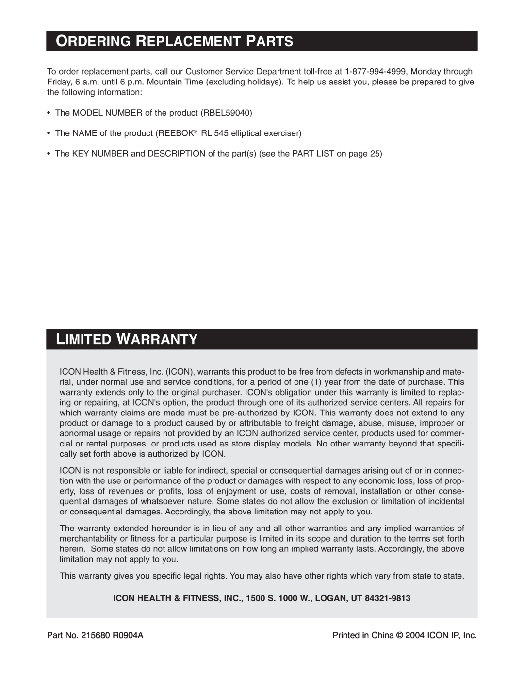 Reebok Fitness RBEL59040 manual Ordering Replacement Parts, Limited Warranty 