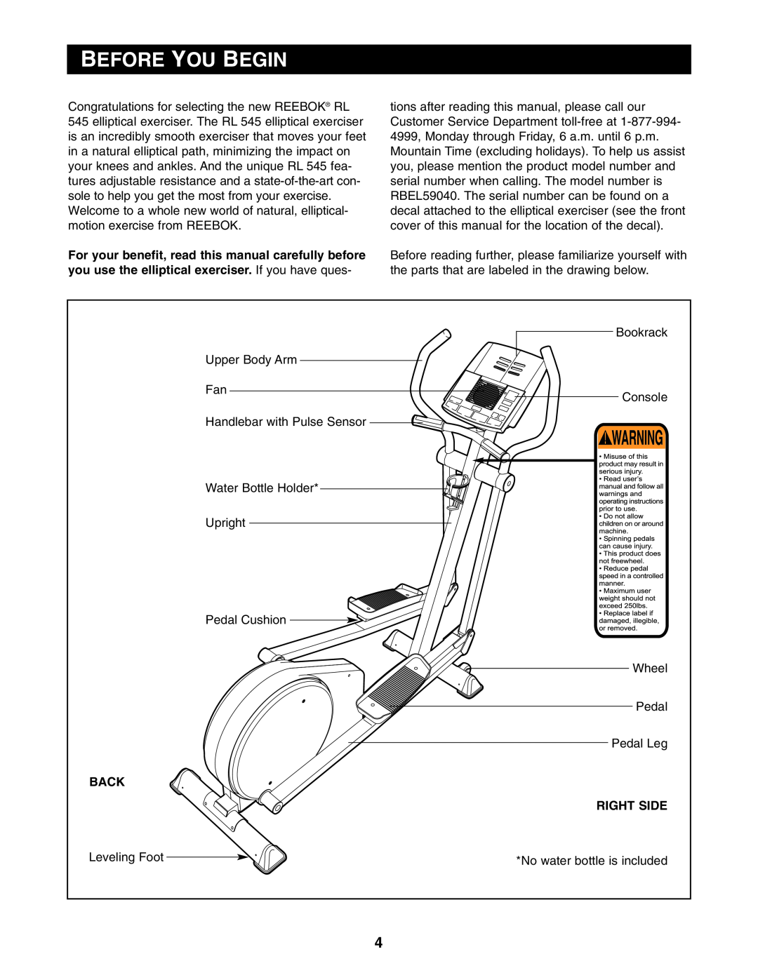 Reebok Fitness RBEL59040 manual Before You Begin, Back, Right Side 