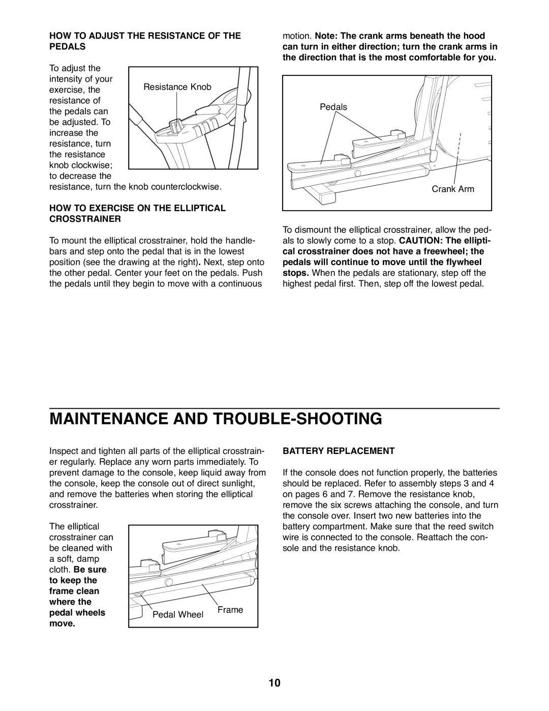 Reebok Fitness RBEL68082 Maintenance and TROUBLE-SHOOTING, HOW to Adjust the Resistance of the Pedals, Battery Replacement 