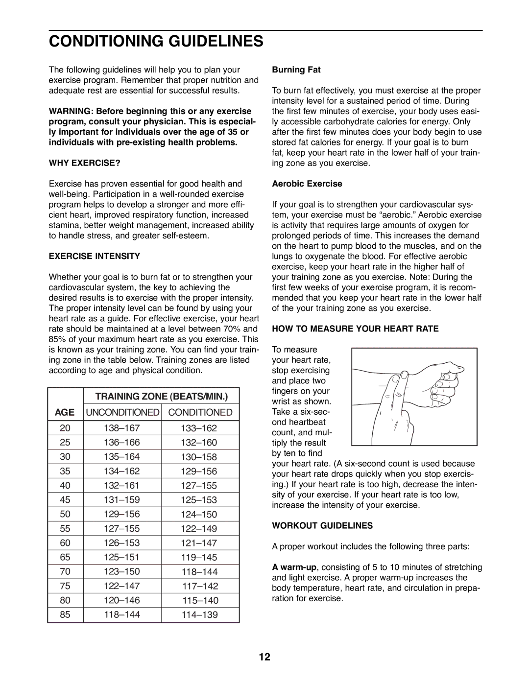 Reebok Fitness RBEL68082 manual Conditioning Guidelines, Why Exercise?, Exercise Intensity, HOW to Measure Your Heart Rate 