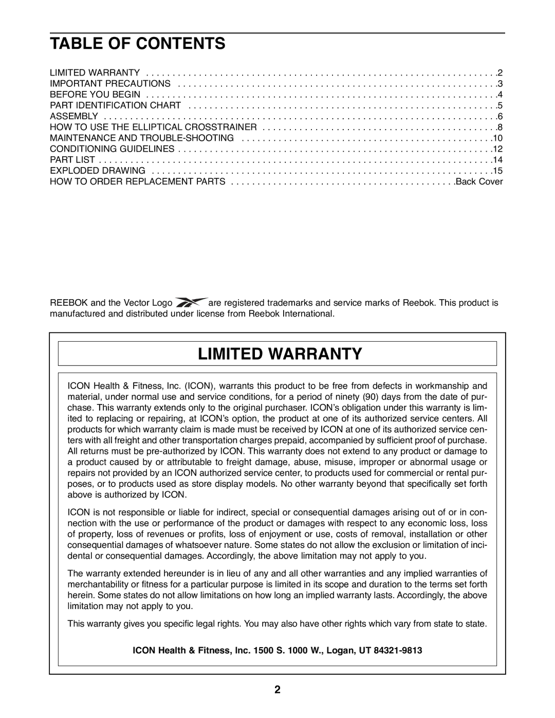 Reebok Fitness RBEL68082 manual Table of Contents, Limited Warranty 