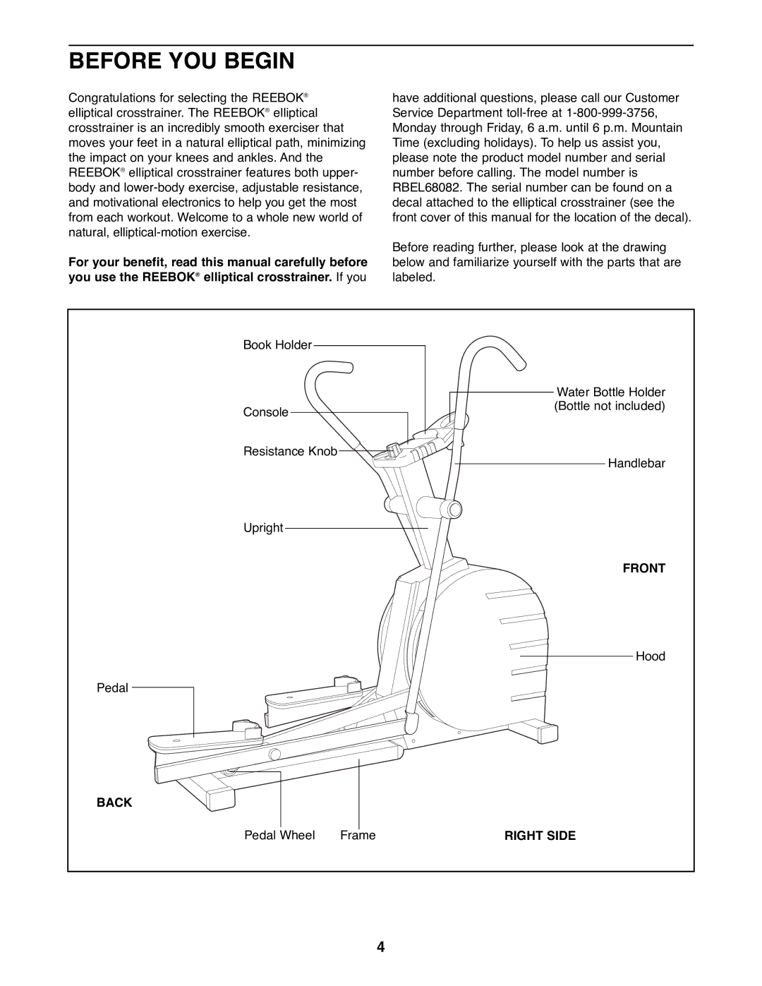 Reebok Fitness RBEL68082 manual Before YOU Begin, Front, Back, Right Side 