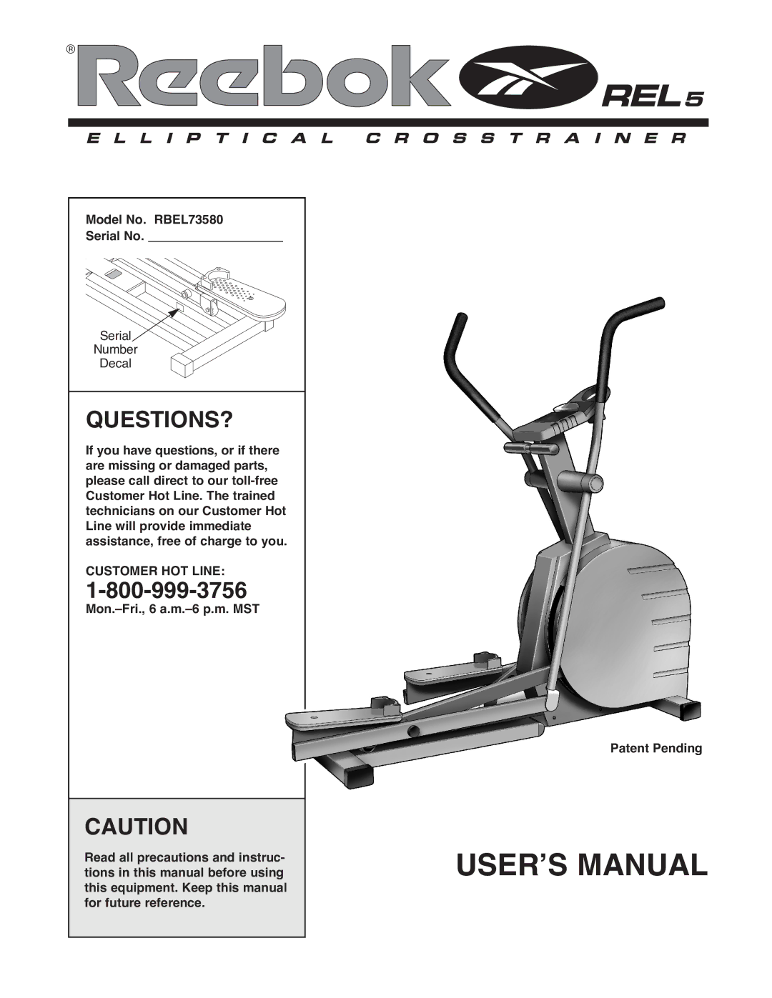 Reebok Fitness manual Model No. RBEL73580 Serial No, Customer HOT Line 