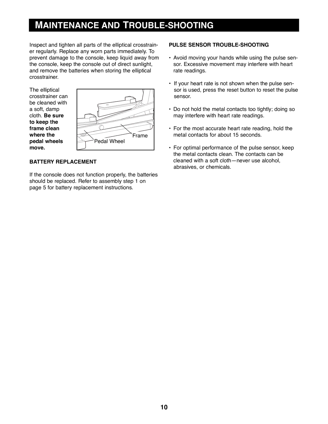 Reebok Fitness RBEL73580 manual Maintenance and TROUBLE-SHOOTING, Pulse Sensor TROUBLE-SHOOTING, Battery Replacement 