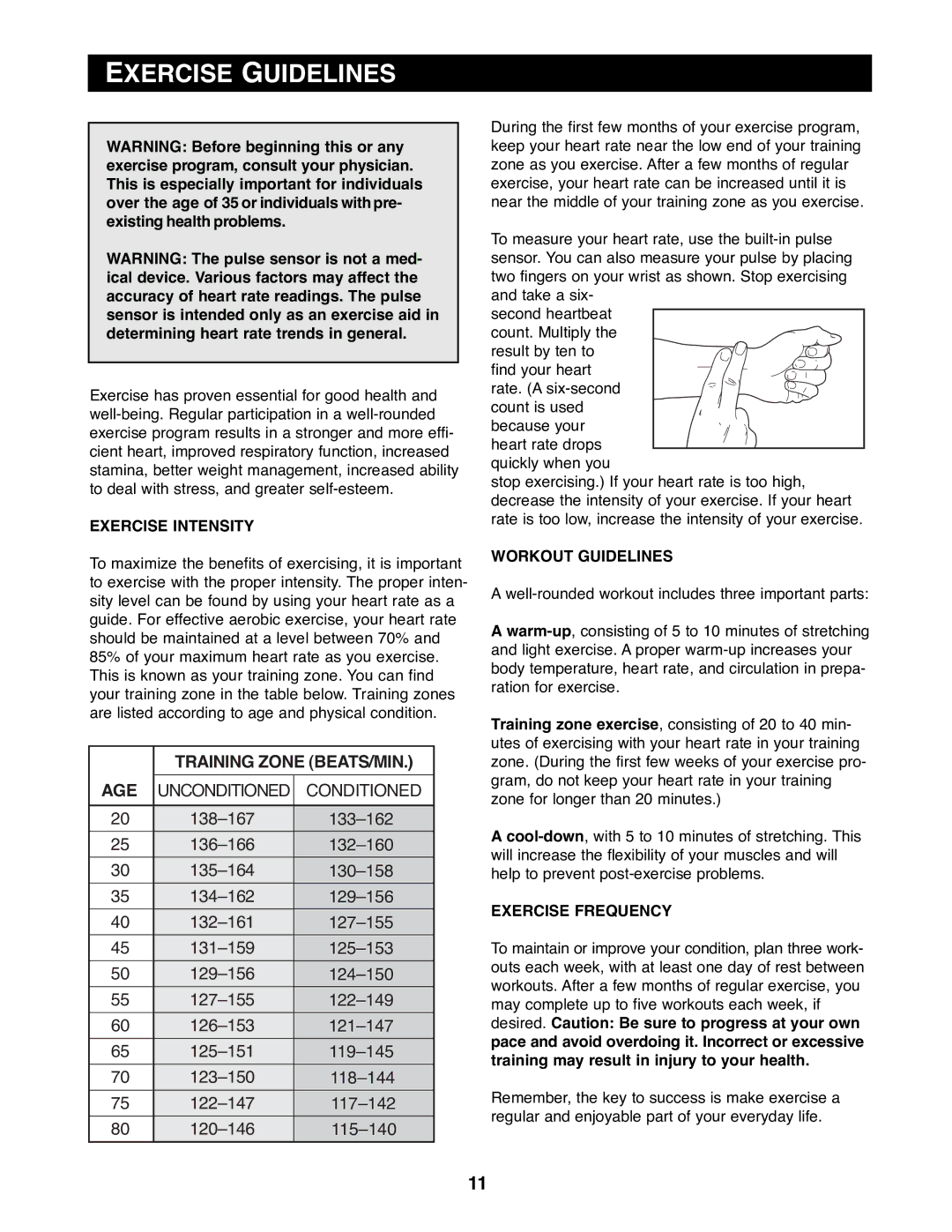 Reebok Fitness RBEL73580 manual Exercise Guidelines, Exercise Intensity, Workout Guidelines, Exercise Frequency 