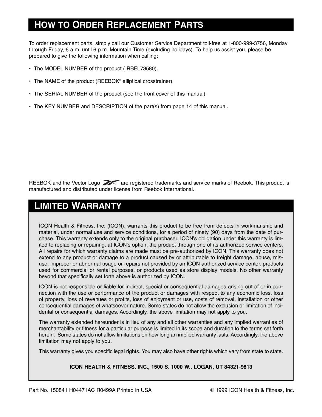 Reebok Fitness RBEL73580 manual HOW to Order Replacement Parts, Limited Warranty 