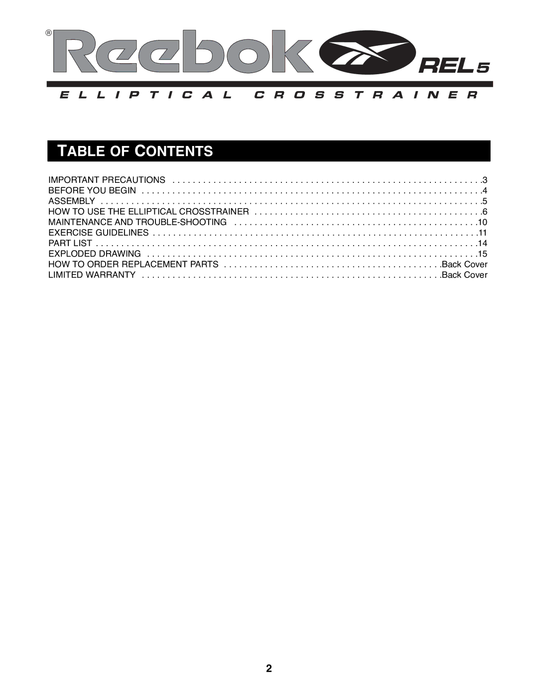 Reebok Fitness RBEL73580 manual Table of Contents 