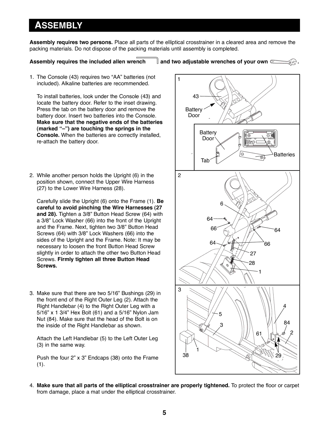 Reebok Fitness RBEL73580 manual Assembly, Careful to avoid pinching the Wire Harnesses 