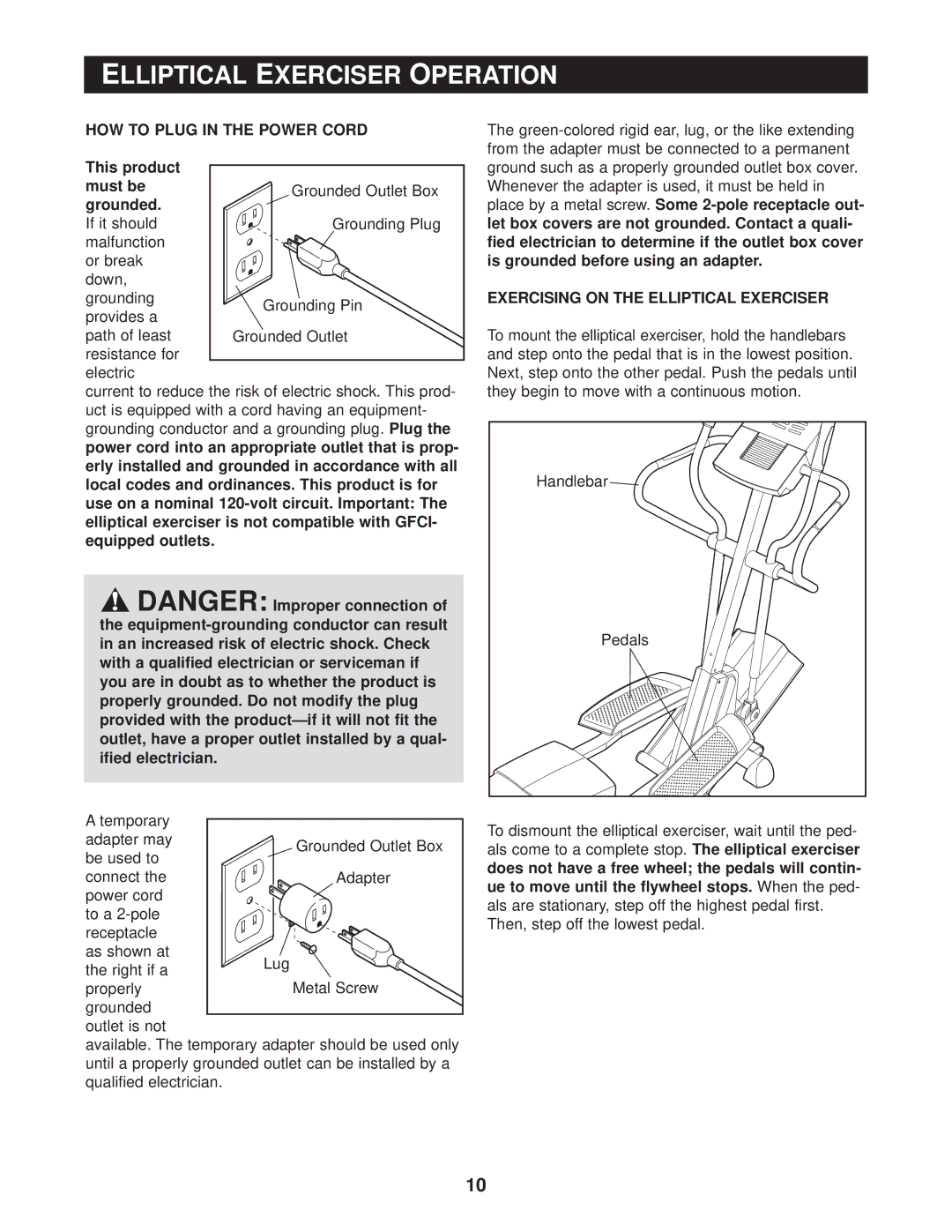 Reebok Fitness RBEL79740 Elliptical Exerciser Operation, HOW to Plug in the Power Cord, This product must be grounded 