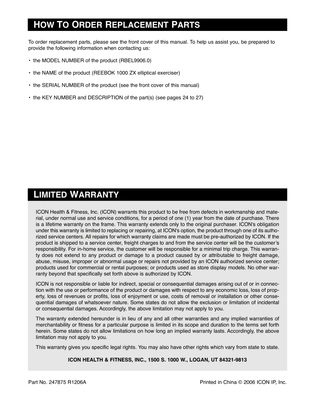 Reebok Fitness RBEL9906.0 manual HOW to Order Replacement Parts, Limited Warranty 