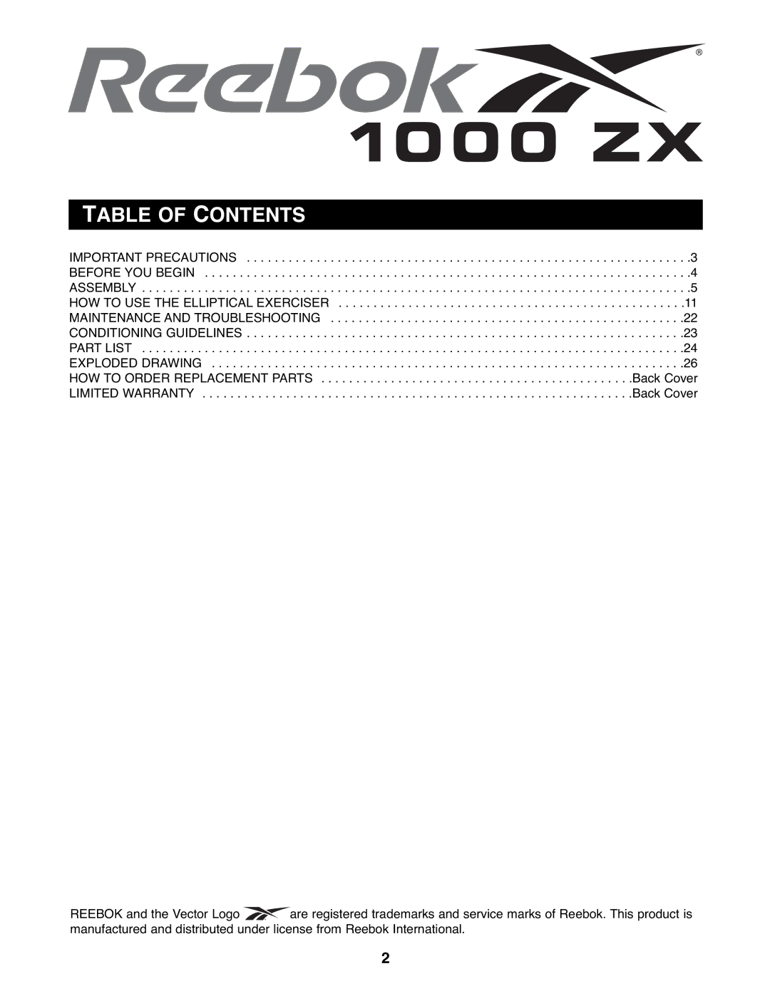 Reebok Fitness RBEL9906.1 manual Table of Contents 