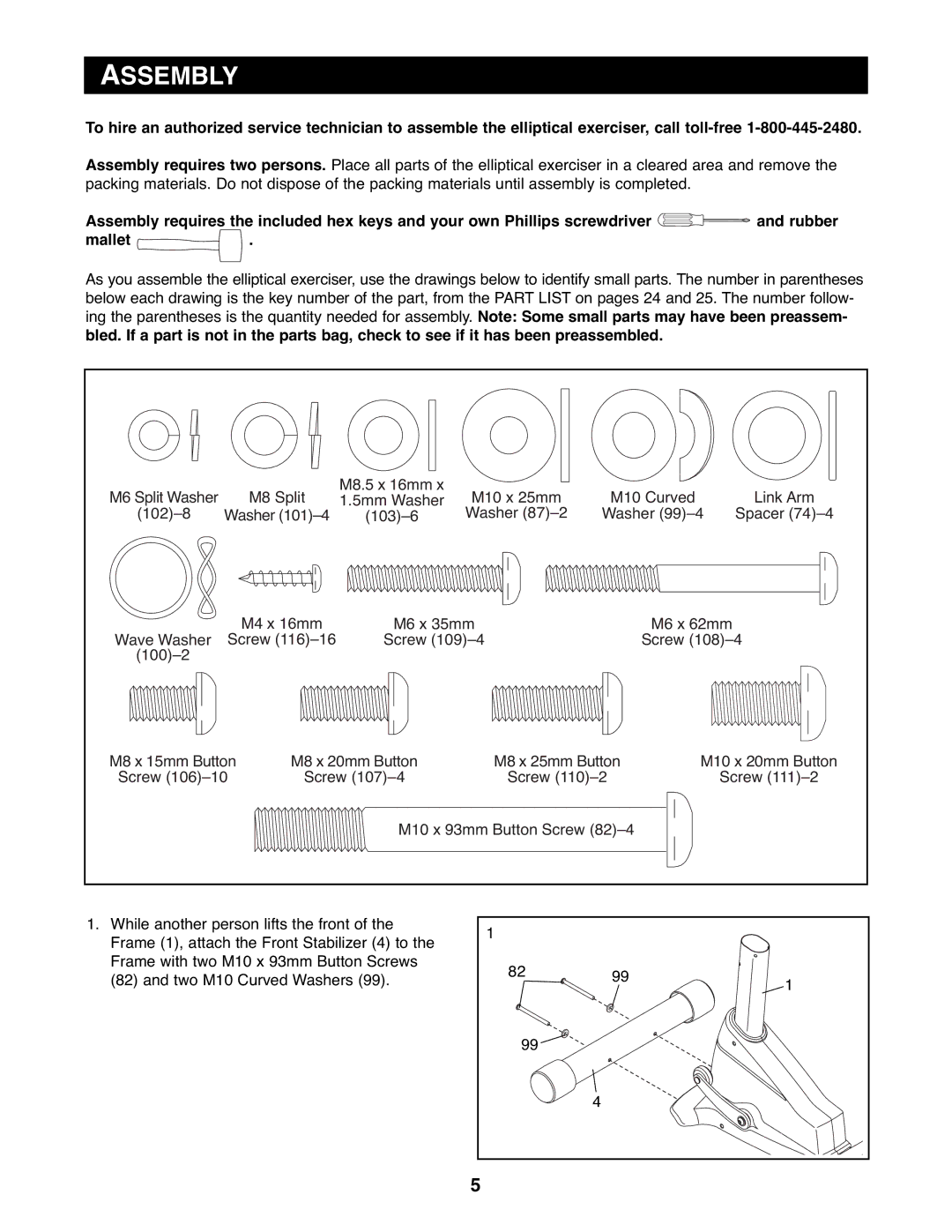 Reebok Fitness RBEL9906.1 manual Assembly, Screw M10 x 93mm Button Screw 