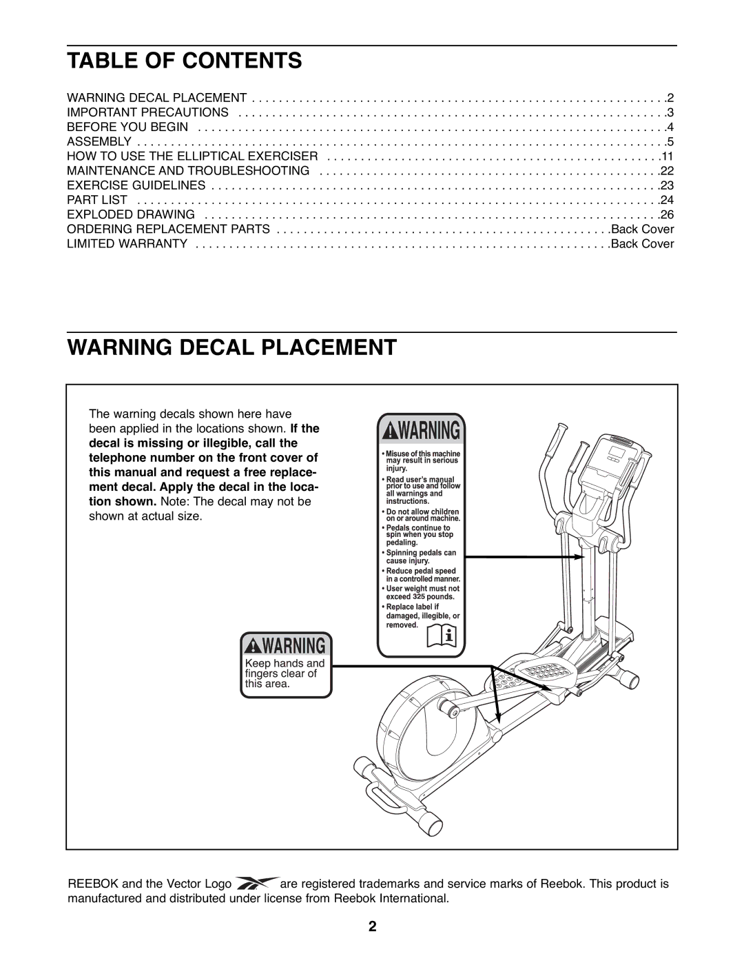 Reebok Fitness RBEL9906.2 manual Table of Contents 