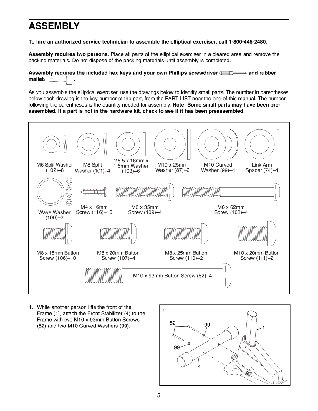 Reebok Fitness RBEL9906.2 manual Assembly, Screw M10 x 93mm Button Screw 