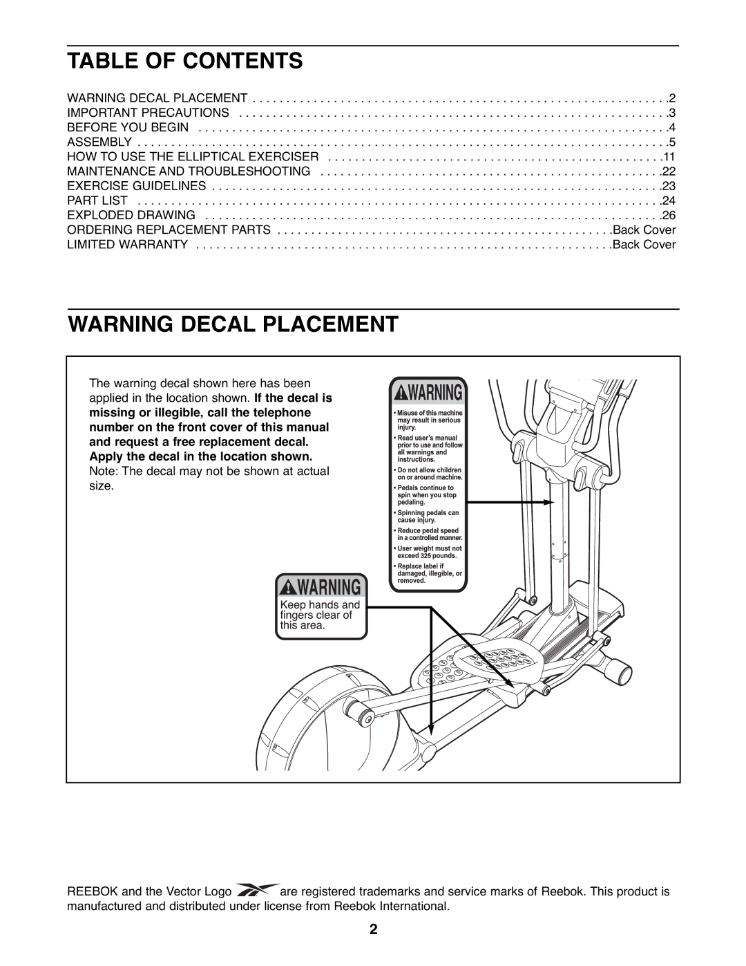 Reebok Fitness RBEL9906.3 manual Table of Contents 