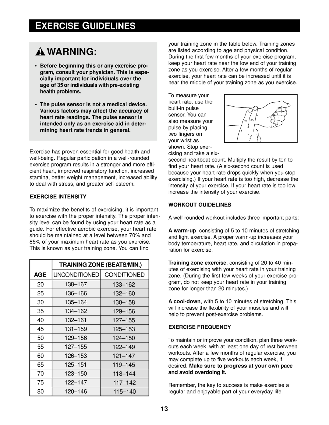 Reebok Fitness RBEX29010 manual Exercise Guidelines, Exercise Intensity, Workout Guidelines, Exercise Frequency 