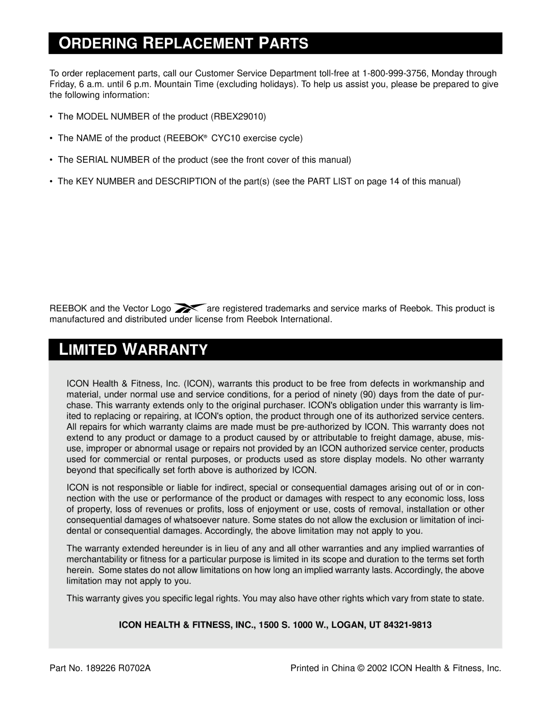 Reebok Fitness RBEX29010 Ordering Replacement Parts, Limited Warranty, Icon Health & FITNESS, INC., 1500 S W., LOGAN, UT 