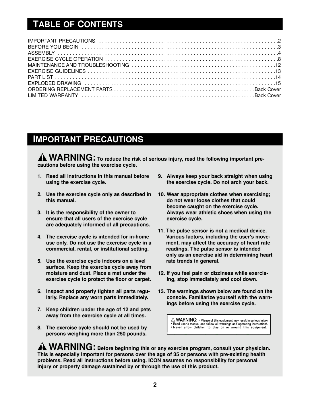 Reebok Fitness RBEX29010 manual Table of Contents, Important Precautions 