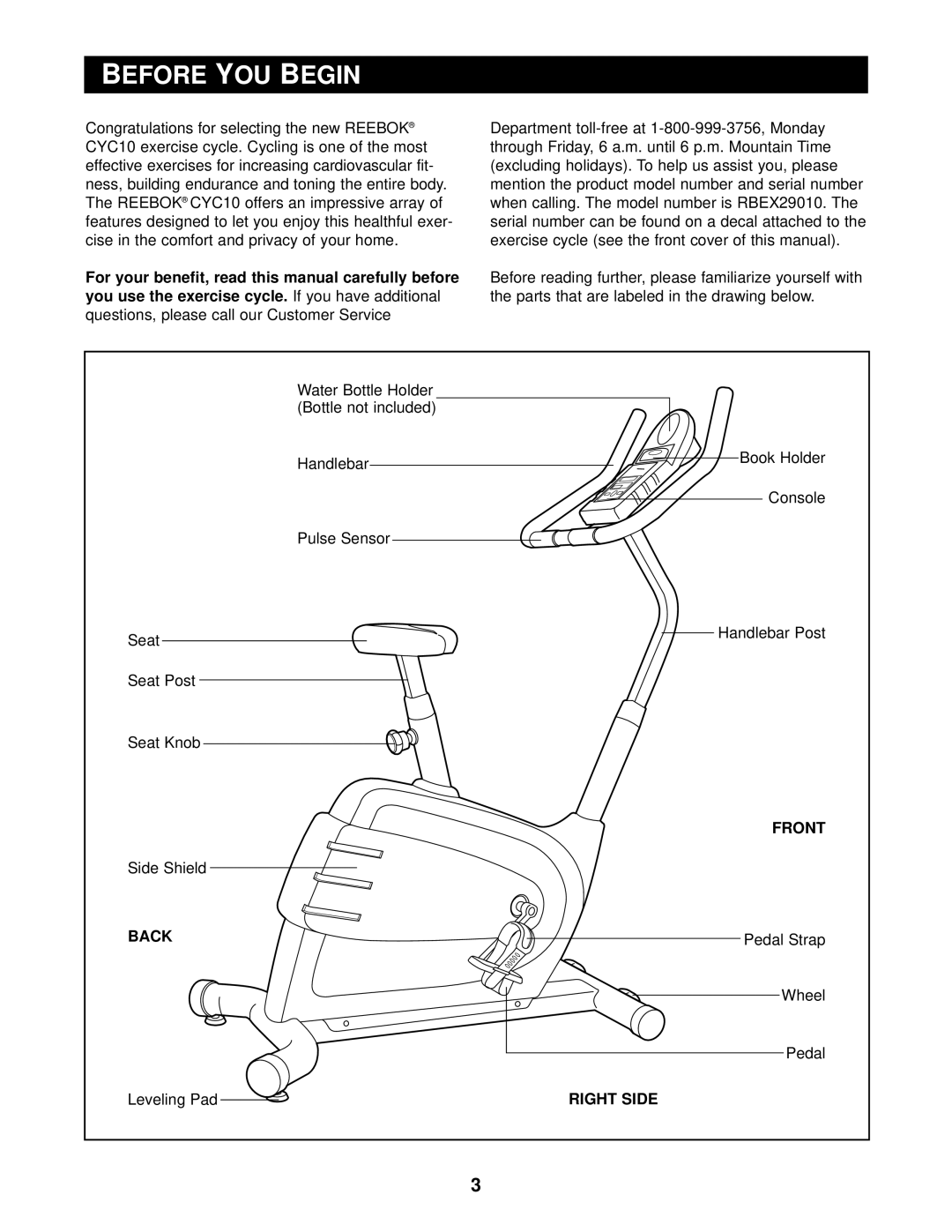 Reebok Fitness RBEX29010 manual Before YOU Begin, Front, Back, Right Side 