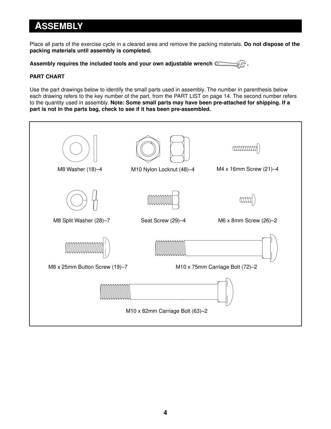 Reebok Fitness RBEX29010 manual Assembly, Part Chart 